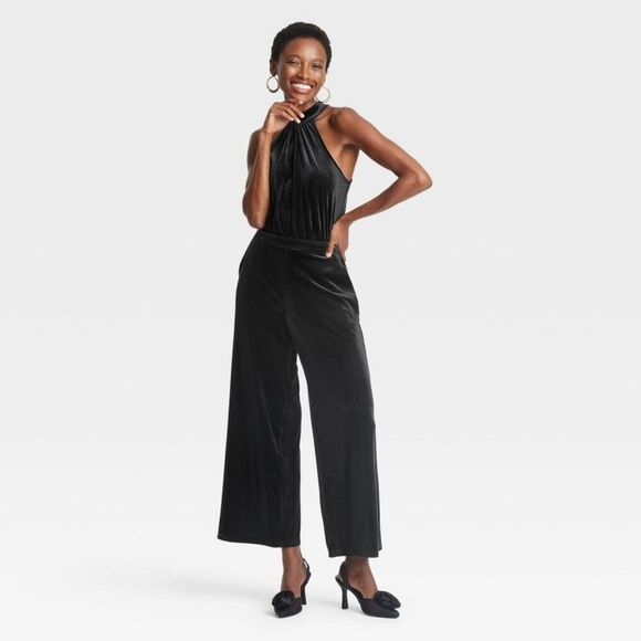 A New Day -  Women's Velvet Jumpsuit Halter Neckline  Black - Picture 1 of 3